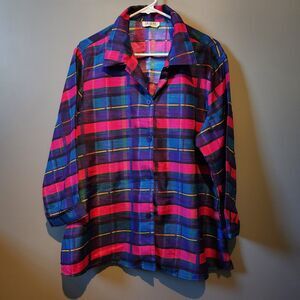 Selene Sport Vintage Plaid Multicolor Shimmer Button Up Shirt Top Women's XL